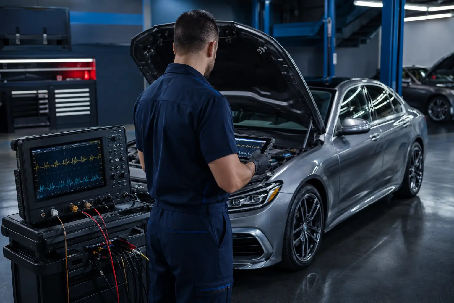Técnico realizando diagnóstico avançado em veículo premium